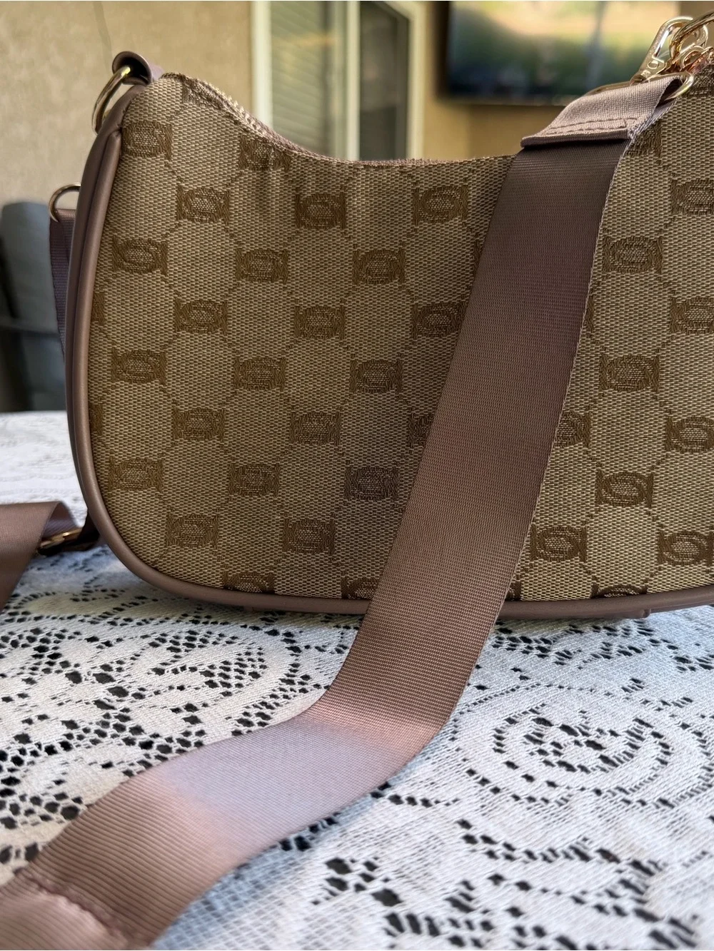 bebe Taupe Hobo Shoulder Bag with Gold Chain and Stud Accents